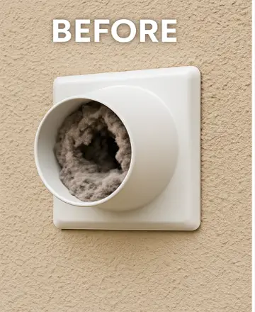 Dirty dryer vent before professional cleaning in Cypress